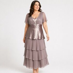 D'Albert Formal Dress Womens 16 Taupe Mother Bride Tiered Satin Flutter Sleeve